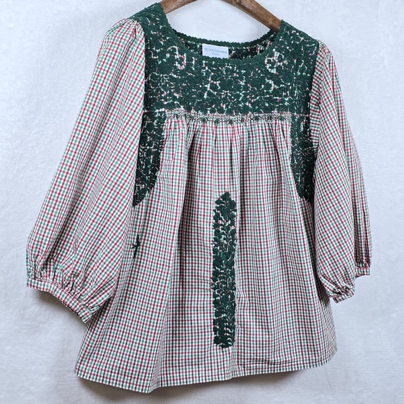 Mi Golondrina Peasant Blouse Crochet Yoke Gingham Artisan Puff Sleeve Top Sz.M - Picture 3 of 11